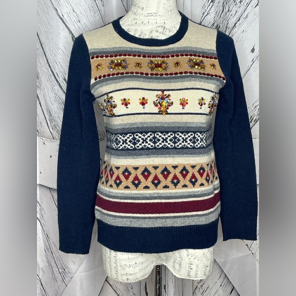 J.Crew Jeweled Fair Isle Stripe Wool Sweater S